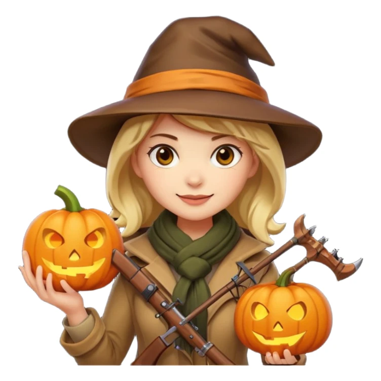 female human monster hunter emoji, wearing brown coat and hat, holding crossbow, soft smile, scarf, glowing pumpkin by her side, Halloween fantasy style, clean vector Apple emoji look, bright colors, white background, square sticker