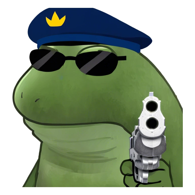 with gun, sun glasses, and french hat sticker