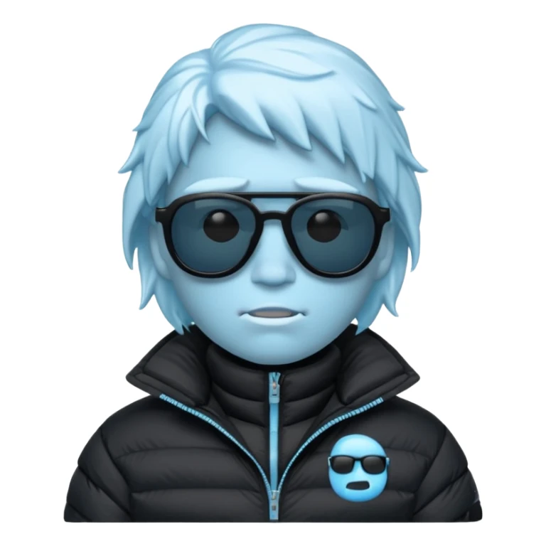 frozen ice face emoji wearing puffer jacket and cool blacked out shades, rap style underground aesthetic sticker