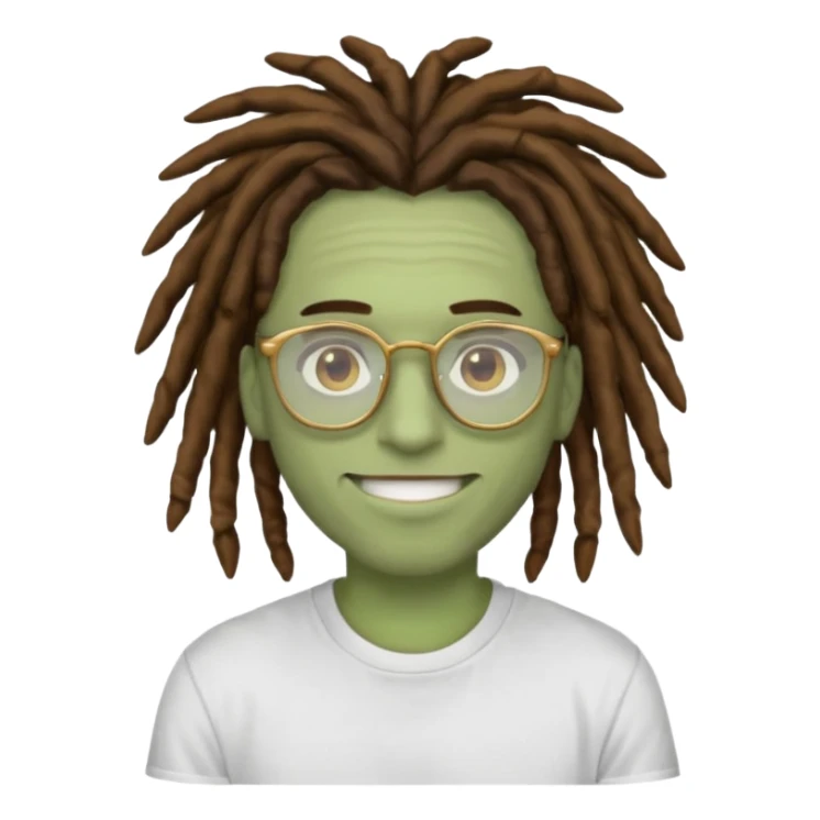 man with brown dreads white tee golden eyes light green skin glasses and white smile sticker