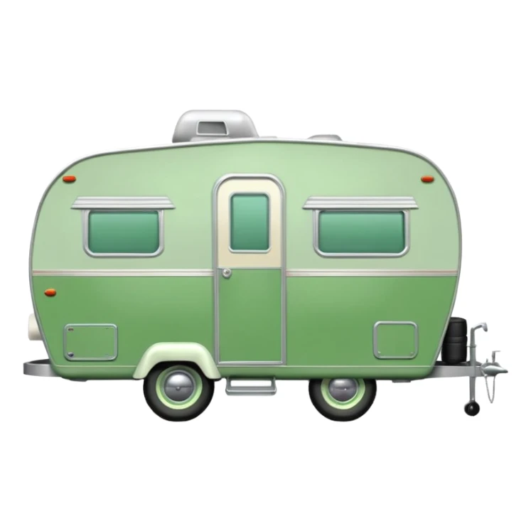 1960s Shasta trailer, single axle wheels, colored all green, the same green shade as movie trailer green preview card, light grey tires and grey hitch sticker