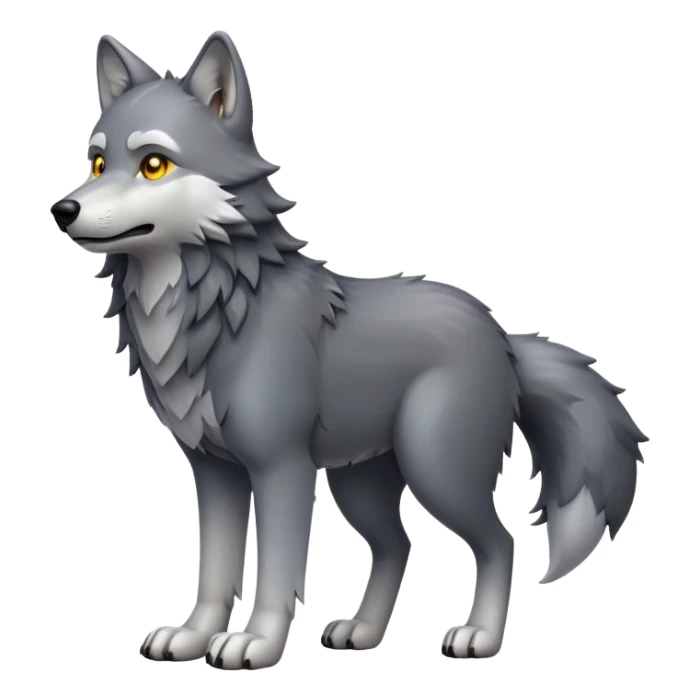 cinematic-[wolf]-realistic-full-body-standing-emoji,-tail-resting-loosely-beside-its-paws,-head-tilted-dramatically, -scruffy-[grey]-fur,-simplified-yet-realistic-focused-features,-highly-detailed,-glowing-with-an-almost-sarcastic-glow sticker