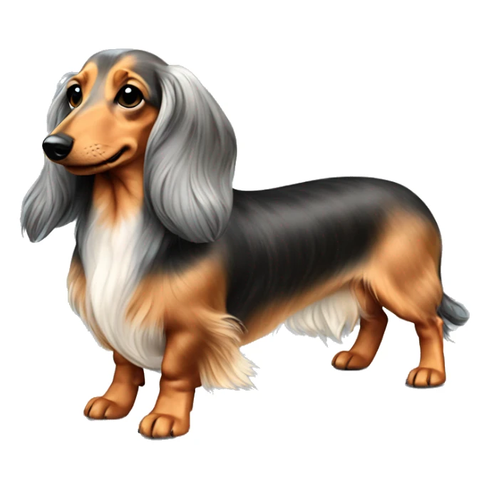 On his back. Long haired dapple dachshund, tan, gray & black. Full body  sticker