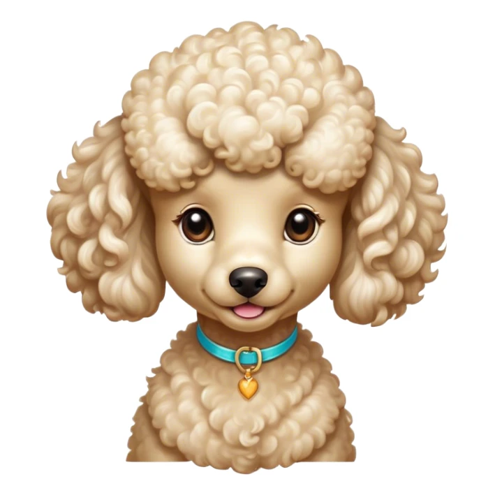 Cinematic Cute Cream Poodle Portrait Emoji, Head tilted playfully and inquisitively, showcasing a bouncy, curly cream Fur with a luminous sheen, round, sparkling warm eyes filled with curiosity, Simplified yet irresistibly adorable features, highly detailed, glowing with a warm, friendly glow, high shine, affectionate and lively, stylized with a touch of whimsy, bright and endearing, soft glowing outline, capturing the essence of a mischievous yet loving companion, so playful it feels like it could bounce out of the screen and into your arms! sticker