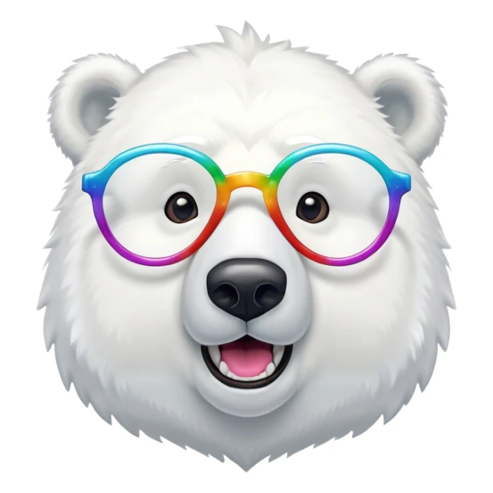 close up headshot of a friendly anthropomorphised polar bear with excited expression wearing large multicolored star-shaped glasses sticker
