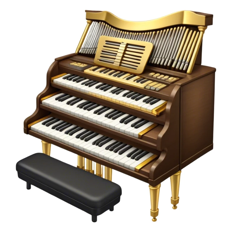 Create an elegant and majestic emoji representing a classical organ. The design should feature the grand pipes of the organ in the background, with visible details of the keys and pedalboard in the foreground. The pipes should be tall and impressive, with a mixture of gold, silver, and metallic shades to emphasize the grandeur of the instrument. The keyboard and pedals should be well-defined, capturing the intricate craftsmanship of the organ. Use dark wood tones and gold accents for the body of the instrument to give it a rich, historic feel. Add subtle musical notes around the organ to evoke its deep, resonant sound. The background should be transparent. sticker