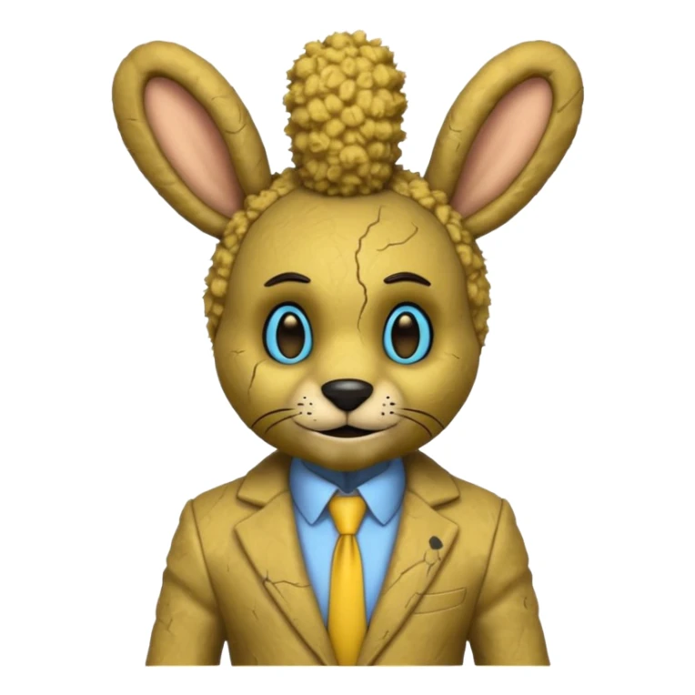 springtrap yellow damage hare suit with hare ears blue eyes with strands of 3C afro textured hair size of a small toothpick sttcking up sticker