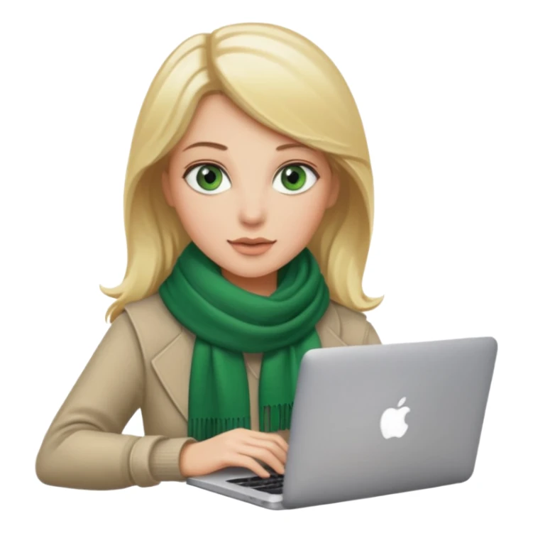 blond women skine , with green eyes and scarf . with macbook sticker