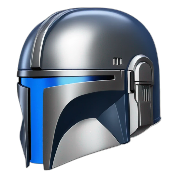 shiny blue and silver mandalorian helmet with black sticker