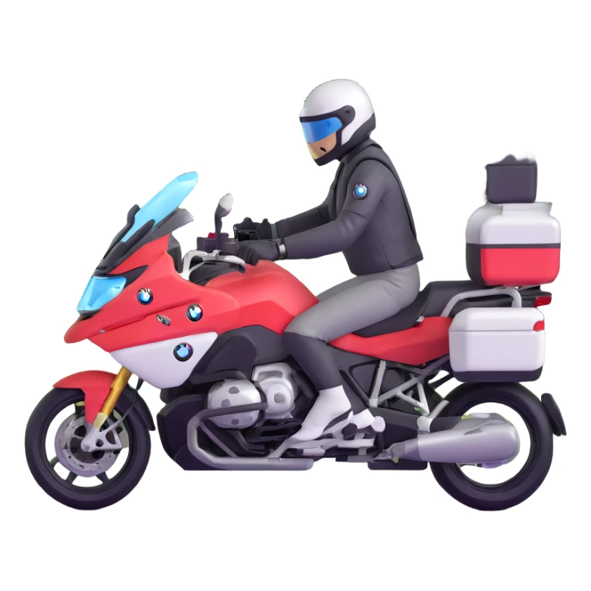BMW RT1200 LC touring motorcycle with rider on open road in a forest with easter eggs sticker