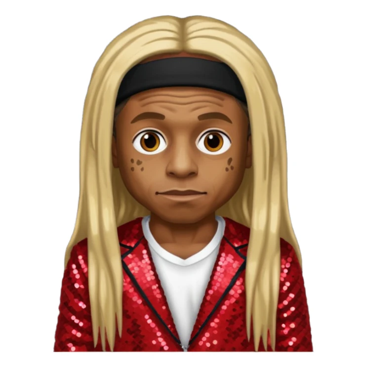 Lil Wayne with long dark blonde hair, red sequin outfit sticker
