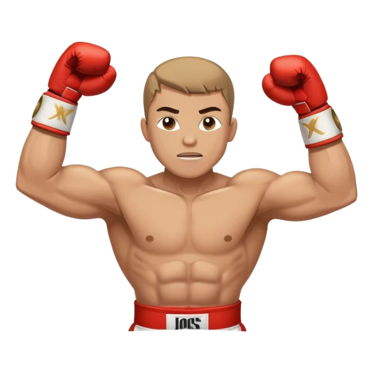 Boxing champion with arms raised in victory, wearing multiple championship belts around waist, determined expression, white hand wraps, muscular cartoon body sticker