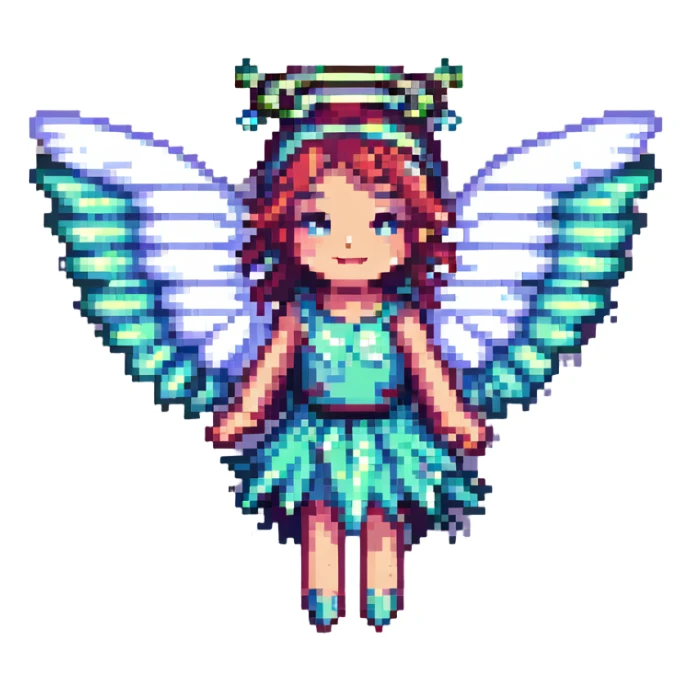 pixel art fairy with sparkling wings, magical vibe sticker