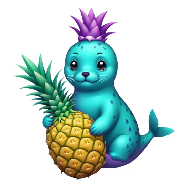 seal that is completely teal-colored holding a pineapple that is completely purple-colored sticker