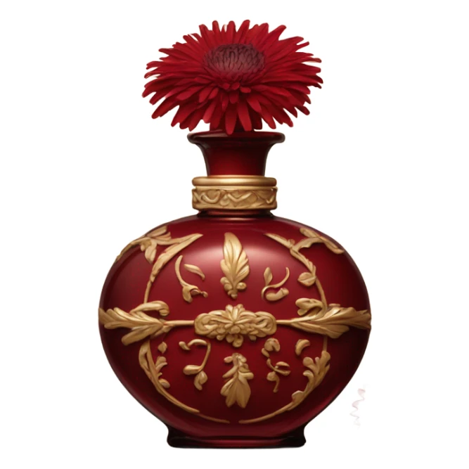 Dark red vintage French style perfume bottle with red asters sticker