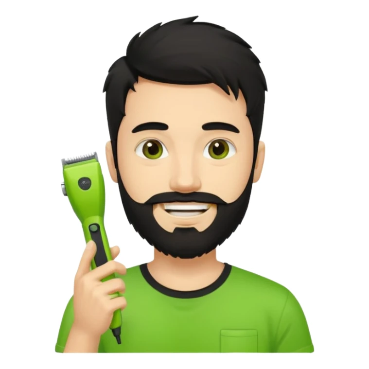 handsome young man, fair complexion, messy black hair and beard, smiling, black t-shirt, holding one small true-to-size lime green face beard trimmer in one hand, iOS emoji style sticker