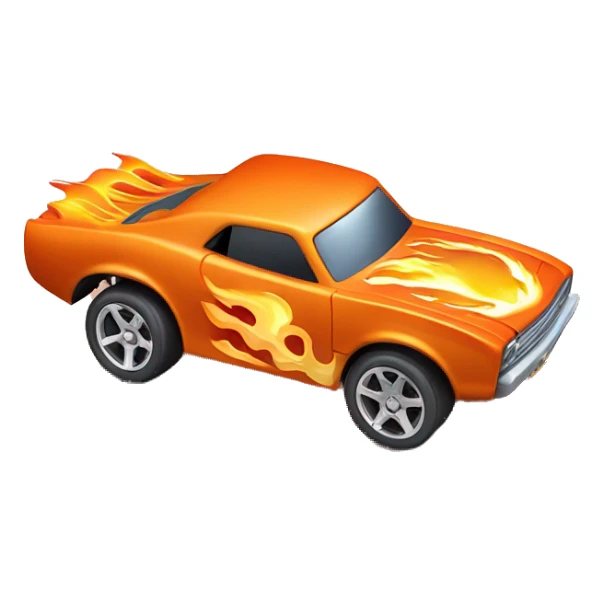orange hot wheels car with flame and SOFY written on it  sticker