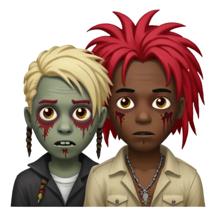 make two zombie boys, preferably black, both with dreadlocks, one with short hair, half blond and half black, and the second with long dreadlocks (up to the shoulder) with red roots and black tips  sticker