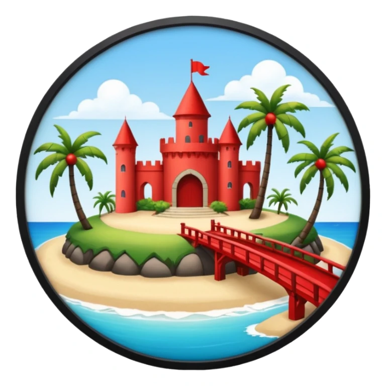 a circular island with a modern chateau, a beach with palm trees in front. also, a red bridge behind.  sticker