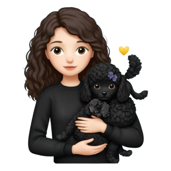 One Brunette girl with long hair in a black sweater holds a single black Poodle puppy in her arms sticker