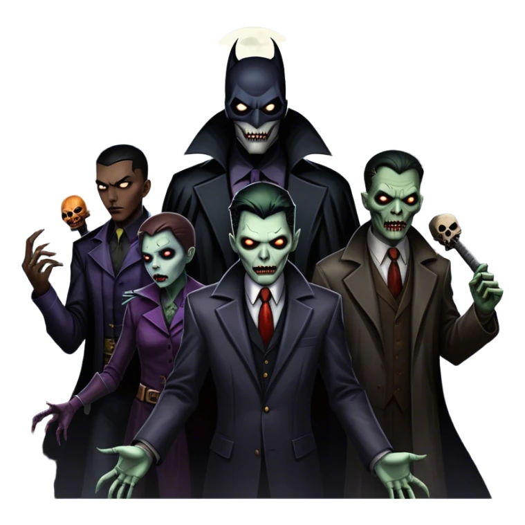 Icon for Thriller Movies: A large, dramatic collage featuring sinister villains and zombies in dark clothing. The background shows the gloomy cityscape of Gotham with dim lighting and eerie shadows. The atmosphere should be tense, mysterious, and suspenseful. Transparent background. sticker