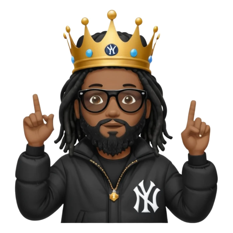 African American man with shoulder length black dreadlocks with black beard wearing black sunglasses wearing Crown on his head wearing a black bubble m New York Yankees logo winter coat pointing up sticker