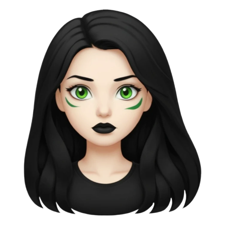 Black haired woman, green eyes, black lipstick, white skin, black t shirt, sharp face, long hair sticker