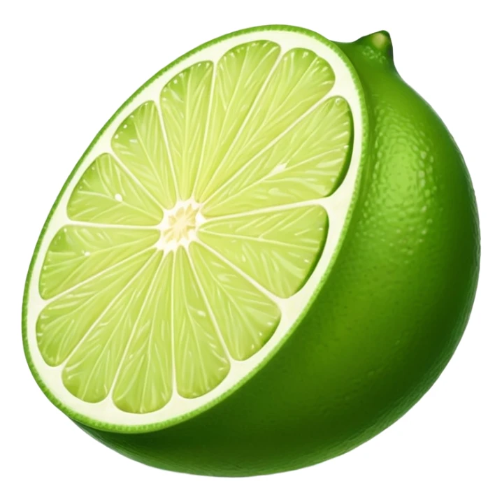 whole lime with smooth glossy green skin slightly oval dimpled shape small wedge cross-section nearby revealing juicy pale green interior radial segments no leaves plate or extras soft lighting subtle shadows emoji scale sticker