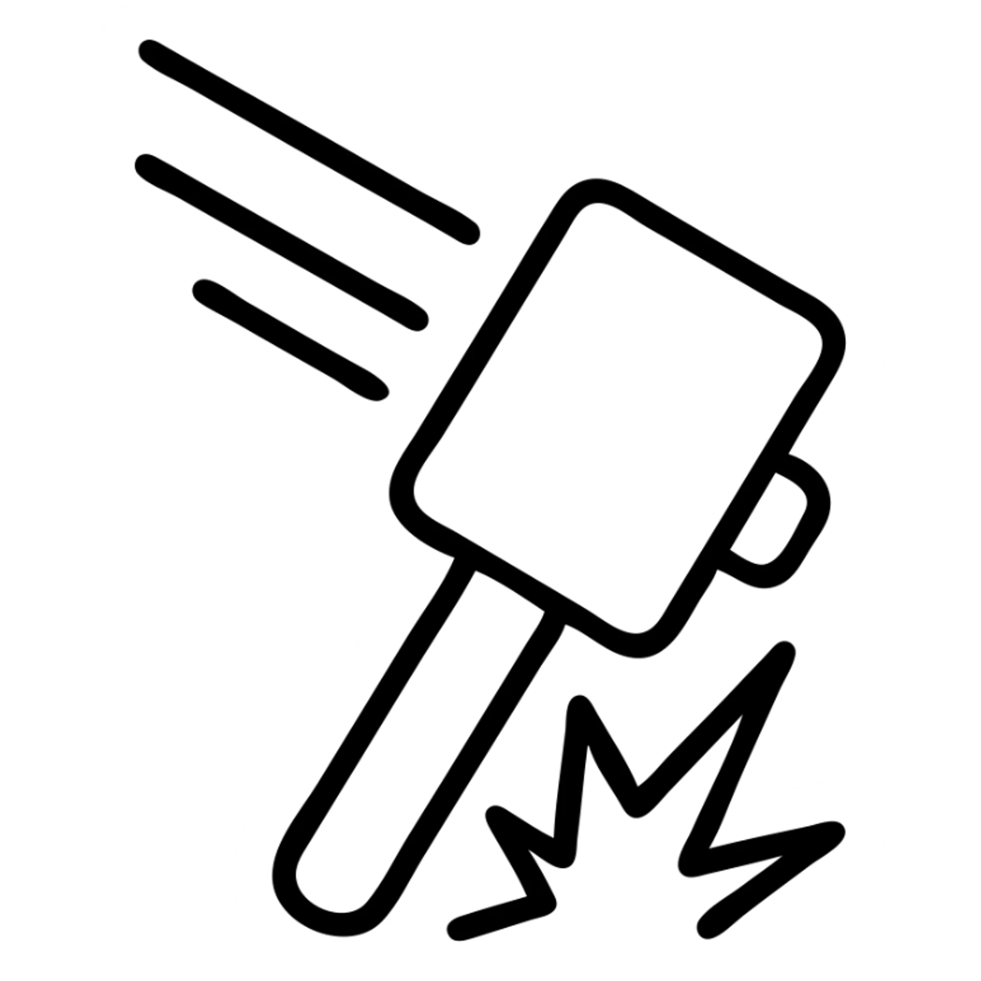 stylized icon of a sledgehammer being swung, action effect, dynamic motion lines sticker
