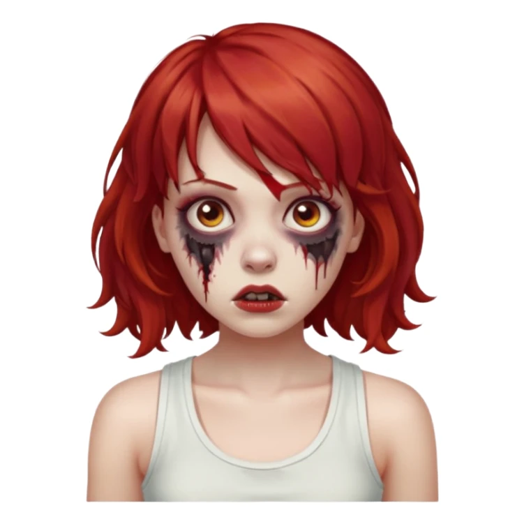 Uma menina de cabelo vermelho com franja, que seja uma zombie, e que esteja vestindo uma regata branca, cabelo médio e liso mais enrolado nas pontas  sticker
