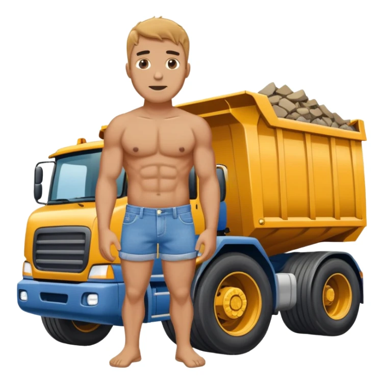 Man in denim Speedo standing in front of a dump truck  sticker