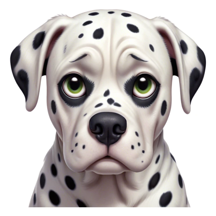 Cinematic Grumpy Dalmatian Portrait Emoji, Head tilted slightly with a deeply unimpressed expression, featuring a glossy white coat with prominent black spots and a furrowed brow, large, droopy dark eyes narrowed into an unamused glare, ears slightly drooping in exasperation, Simplified yet comically expressive features, highly detailed, glowing with a dry, sarcastic glow, high shine, effortlessly judgmental yet dignified, stylized with a touch of cynicism, bright but brooding, soft glowing outline, capturing the essence of an eternally unimpressed yet endearing companion, so lifelike it feels like it could sigh heavily at you in disdain at any moment! sticker