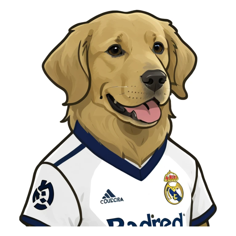 Super white golden retriever playing soccer with real madrid jersey sticker