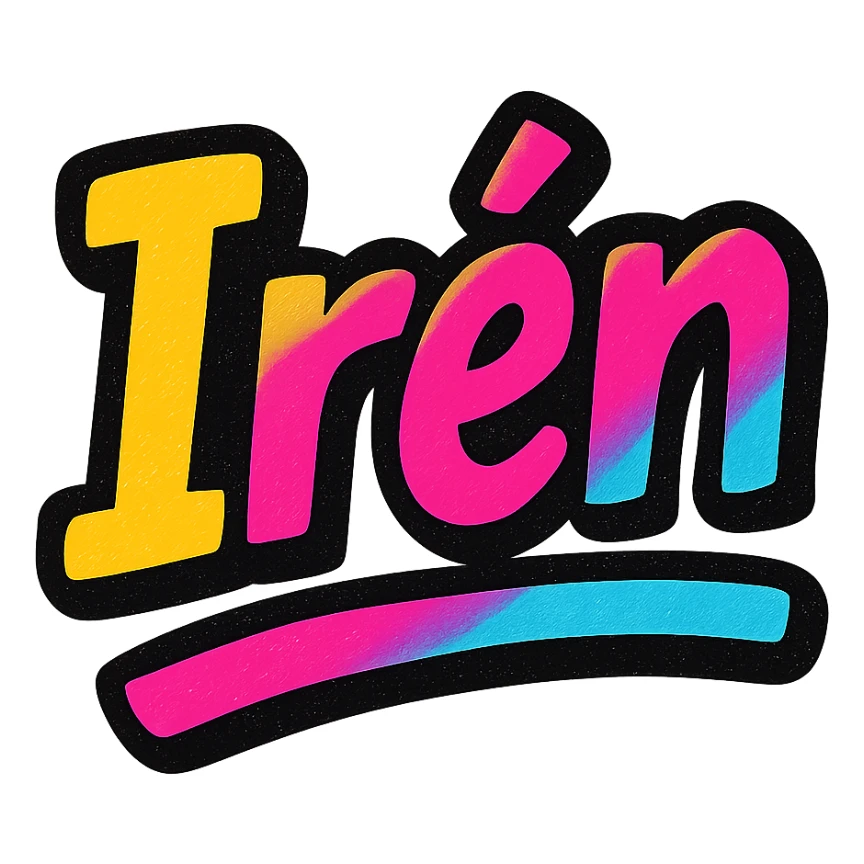 Irén name in modern colorful gradient font with dark outline, dynamic slanted or partial underline, in the style of reference patterns sticker