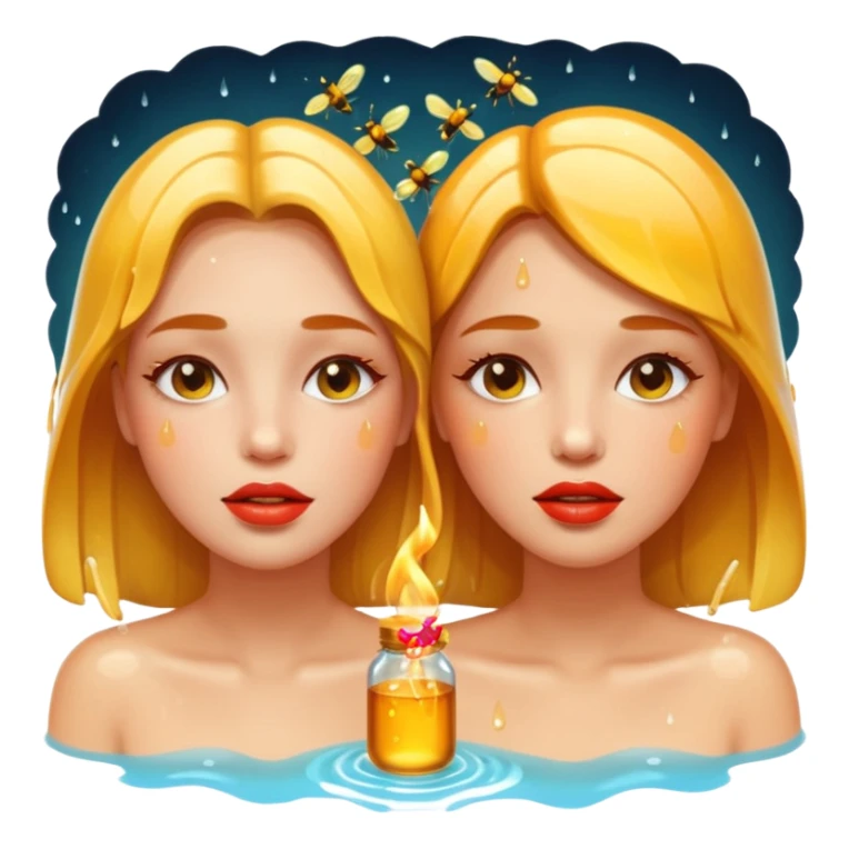 portrait two women wet faces and honey gloss lips touching, fireflies glowing sticker