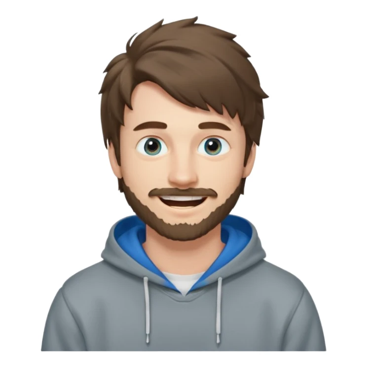 25 year old man, short scruffy beard and thin moustache, brown puffy mullet, blue eyes, big smile, white teeth, big lips, pronounced jaw, hair longer in back, sticking up on top, thin face, grey hooded sweatshirt, pale skin, big smile, blue eyes, puffy hair sticker