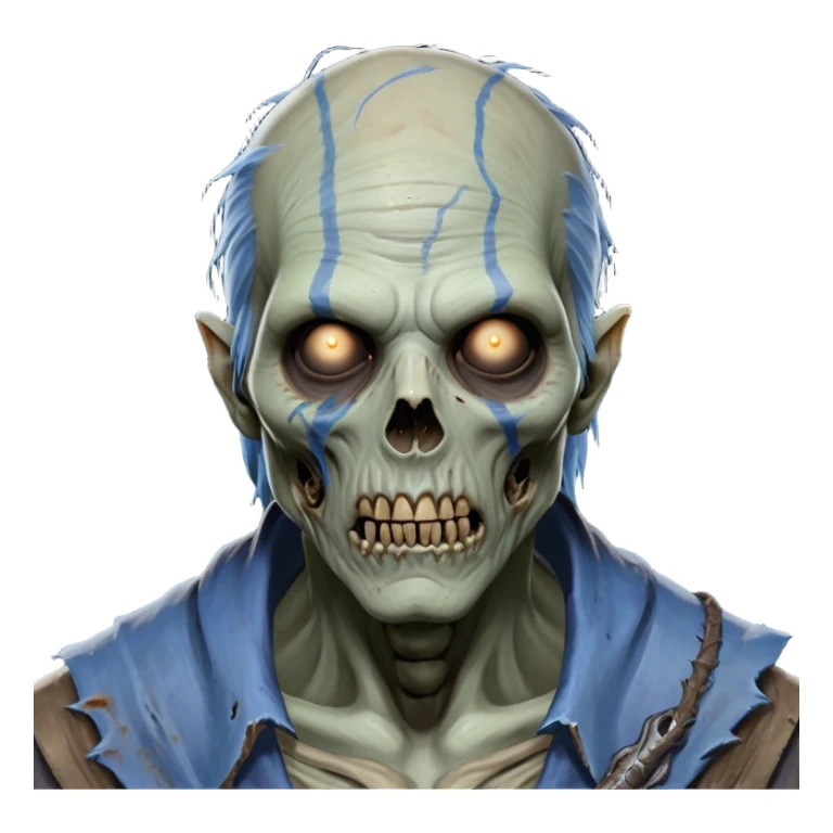 Cinematic Realistic WoW undead friendly zombie Portrait, depicted with decayed yet noble features, his weathered, pallid skin etched with ghostly blue veins and ancient scars. Clad in modest, tattered attire in muted browns and greys that remain consistently rugged, his hollow eyes burn with determined defiance. Rendered with lifelike texture and dramatic natural lighting, high shine, noble and resilient, capturing the stoic spirit of an undead veteran of Azeroth. sticker