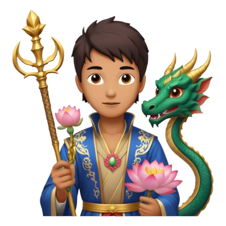 man with asian dragon, scepter, buddhism, lotus sticker