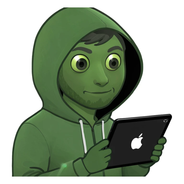 a man in a hoodie, holding an iPad, memoji style, digital art sticker