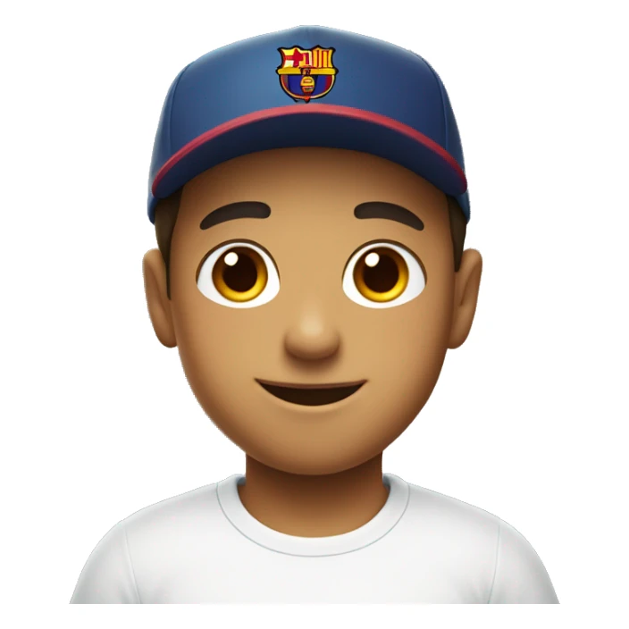 smiling boy in white shirt with Barcelona Cap sticker