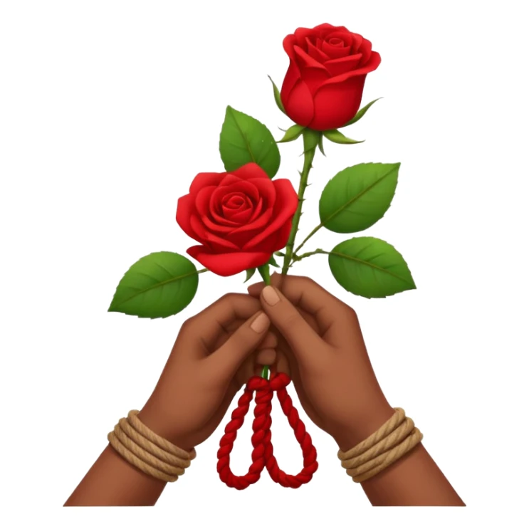 Brown hands tied together with a rope holding a rose sticker