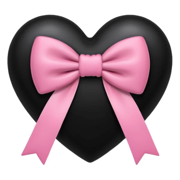 glossy plush black heart with a pink bow and heart pattern on the bow sticker
