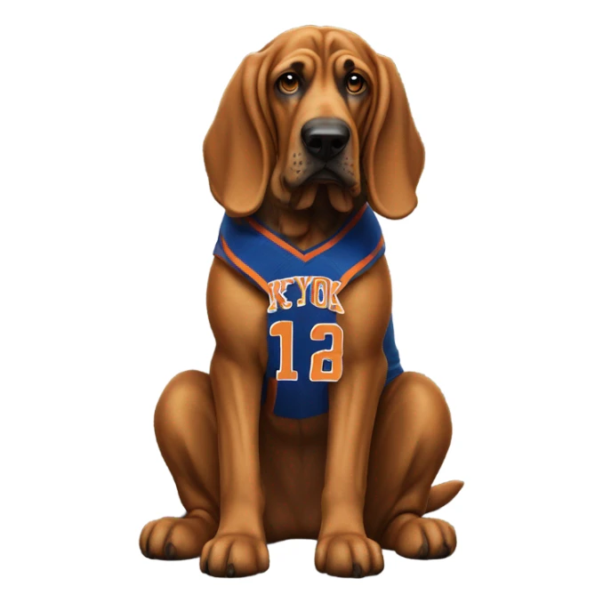 Bloodhound dog holding a New York Knick jersey. sticker