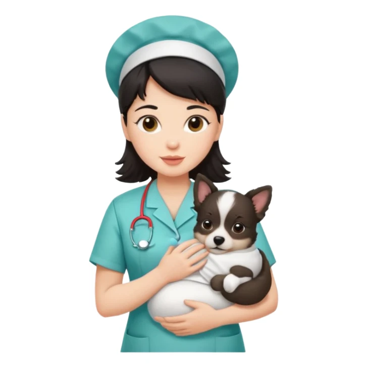 dark haired nurse holding baby dog sticker