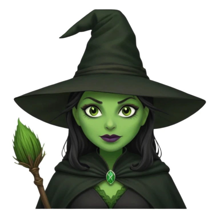 elphaba wicked witch with broom close up, evil dark coily long dark hair, green skin, thick green lips, cheekbones, smirk evil menacing cythia erivo dark aesthetic black hat cloak o sticker