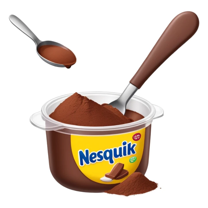 Nesquik chocolate powder being scooped with a spoon from its container sticker