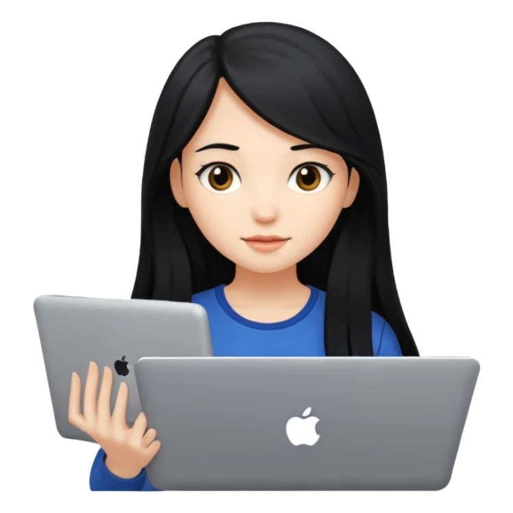 girl with long black hair holding a laptop sticker