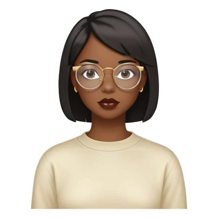 Dark Black girl with black back length bob with layers. She wears clear glasses and has on small gold hoop earrings and lipgloss. Shes also wearing a cream colored crew neck shirt sticker