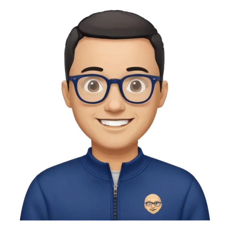 Light-skinned man with very short black hair (shorter buzz cut), short graying beard, big black glasses frames, happy smile, navy blue zip-up sweatshirt with long sleeves sticker