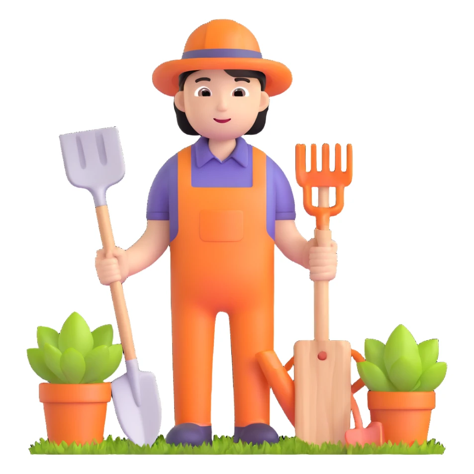 Asian gardener named Yong with gardening tools sticker